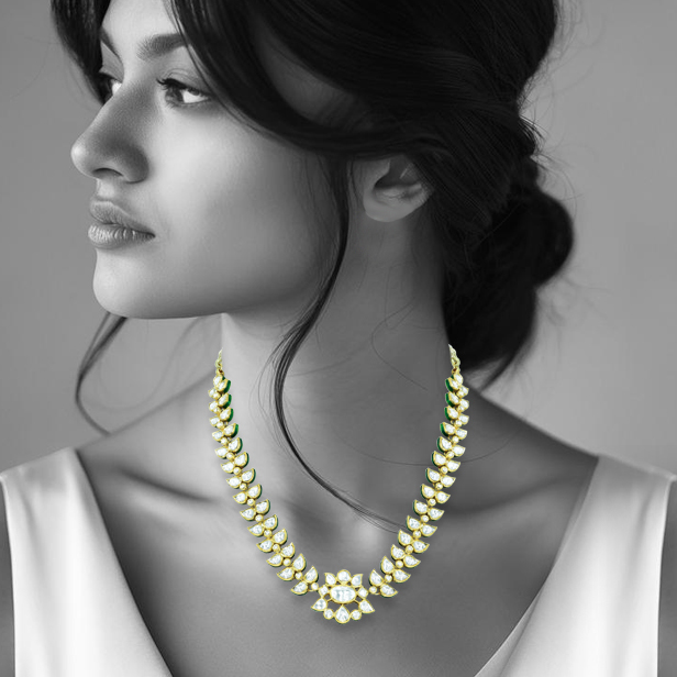 Ivory Polki Necklace with Floral Motif and Petal Design